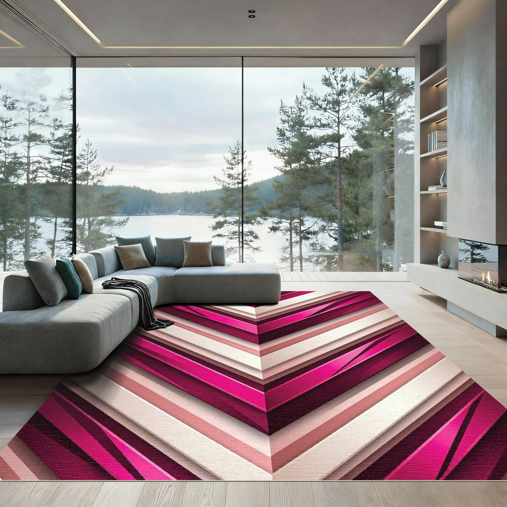 Modern Magenta Geometric Chevron Stripe Rug