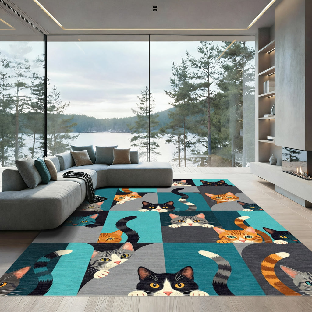 Playful Feline Friends Geometric Collage Rug