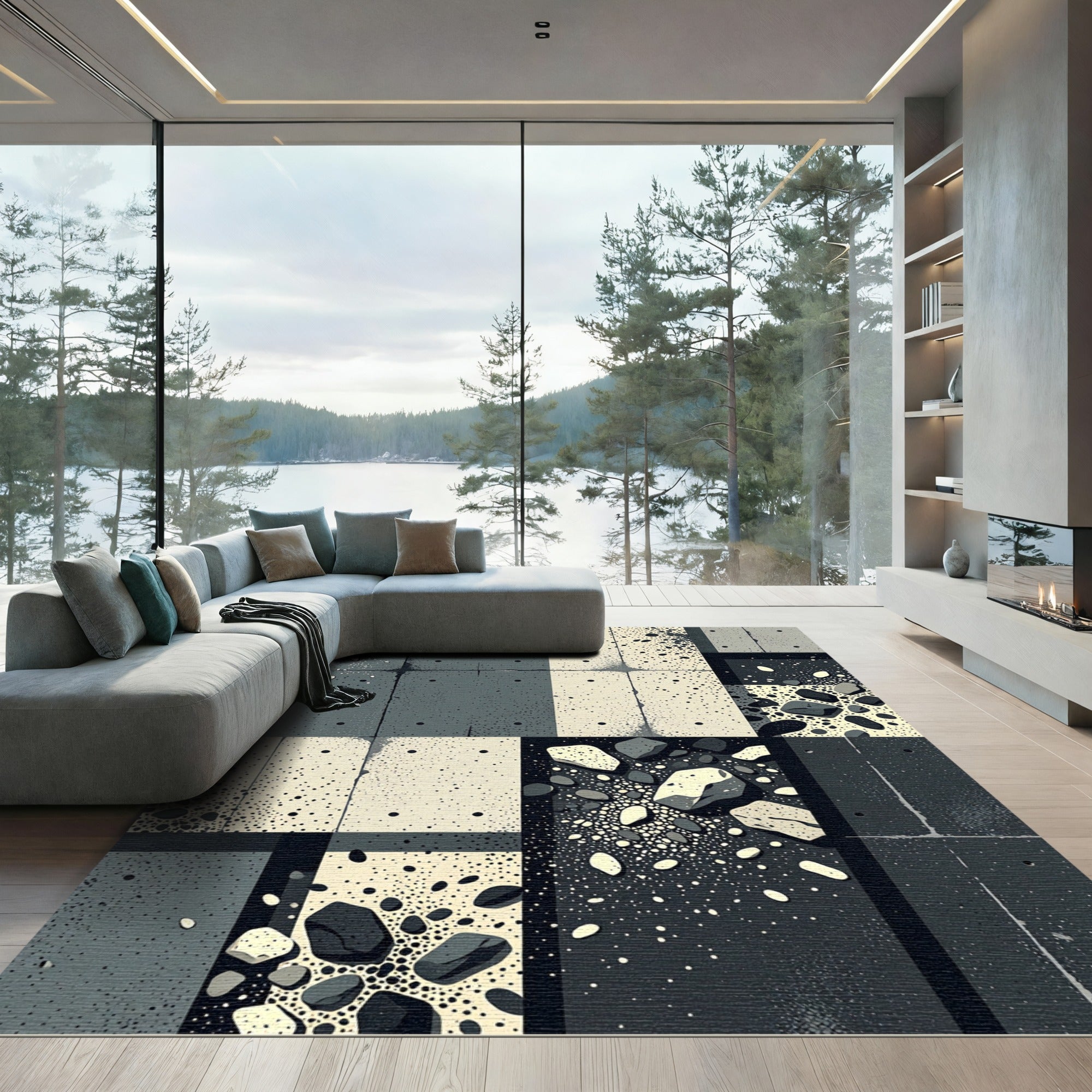 Monochrome Pebble Scattered Grid Rug