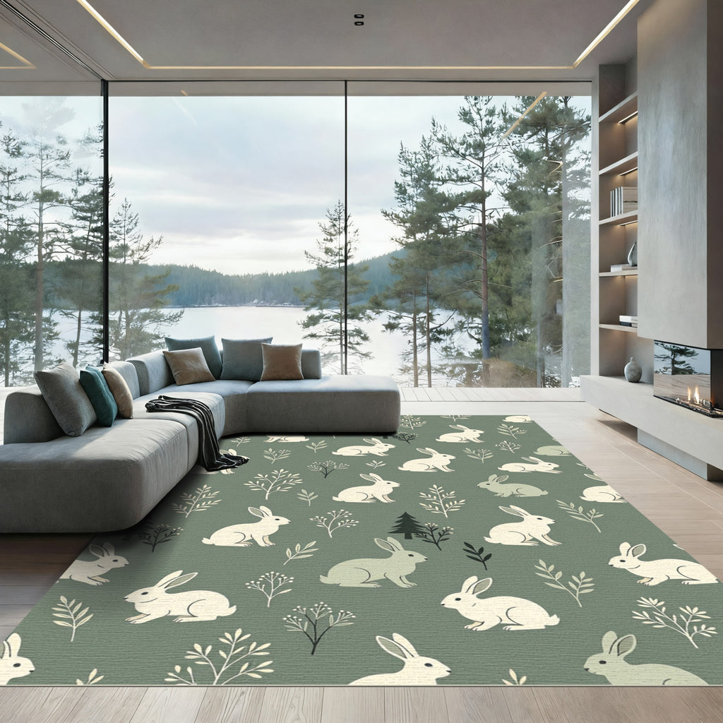 Sage Green Forest Rabbit Woodland Rug