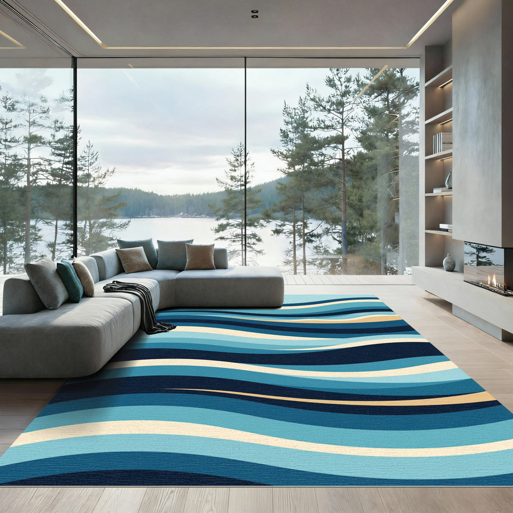 Modern Abstract Blue Wavy Ocean Coast Rug