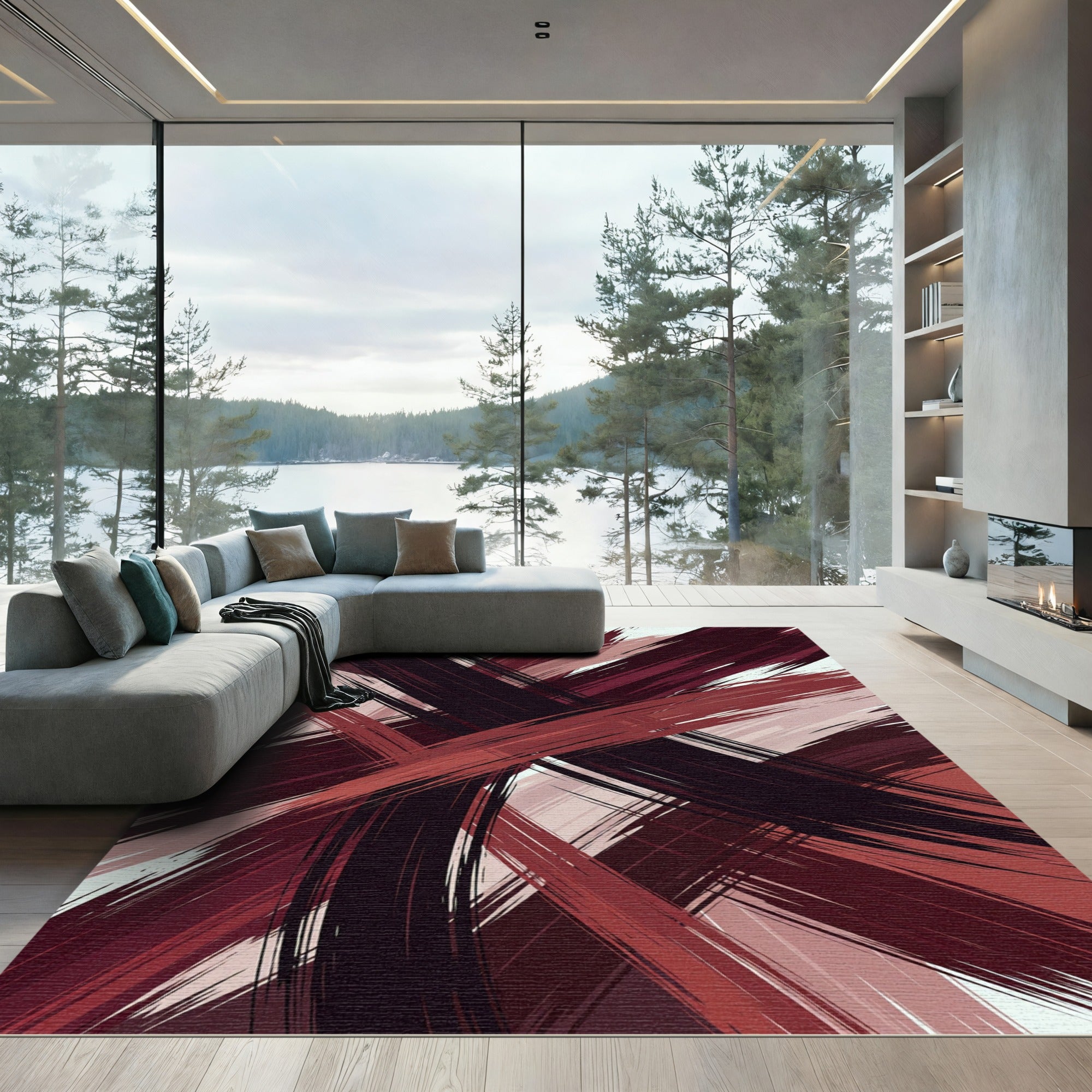 Modern Burgundy and Black Abstract Stroke Rug