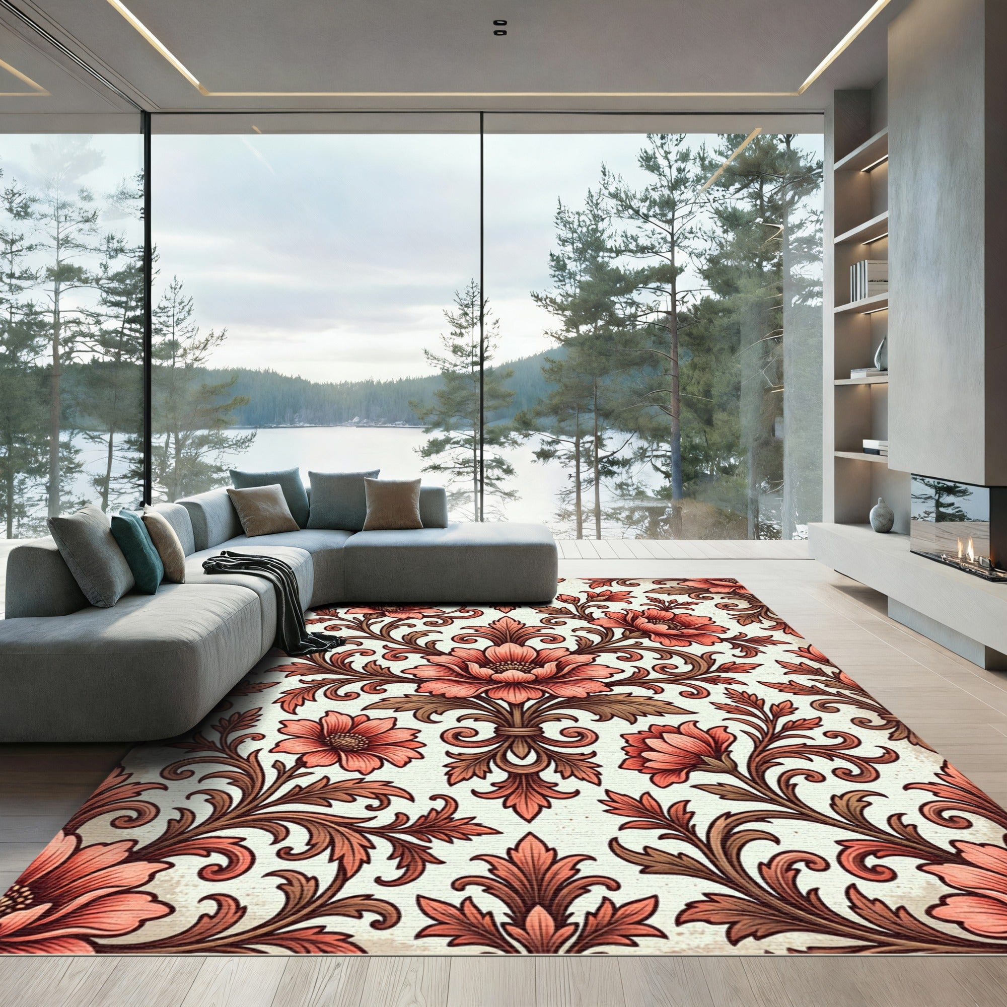 Coral Rose Floral Scrolling Vine Rug