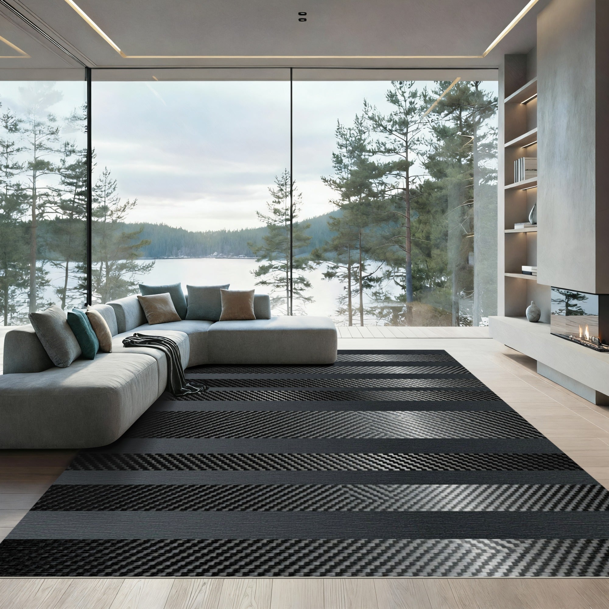 Modern Monochrome Carbon Fiber Stripe Rug
