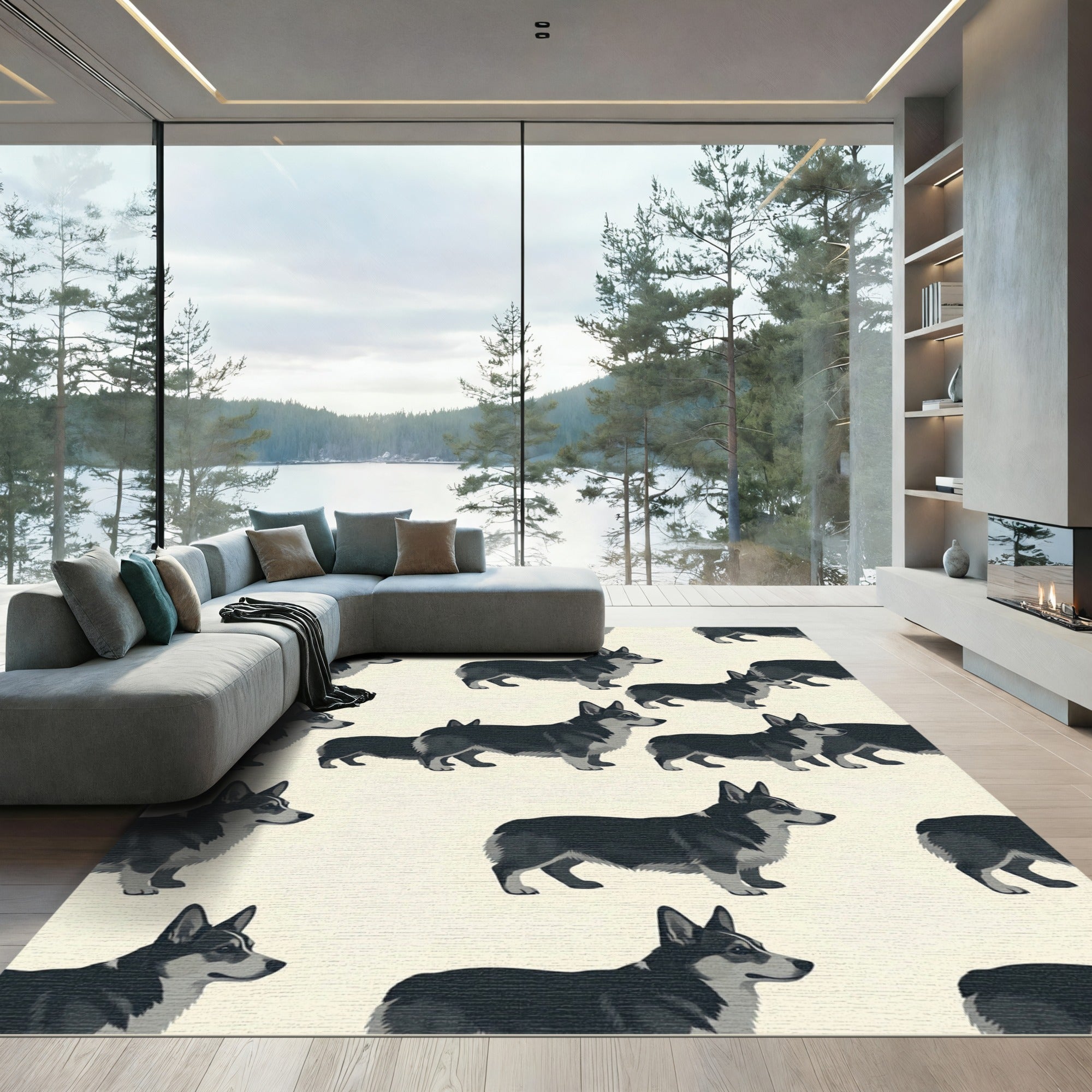 Charming Black and White Corgi Illustration Rug