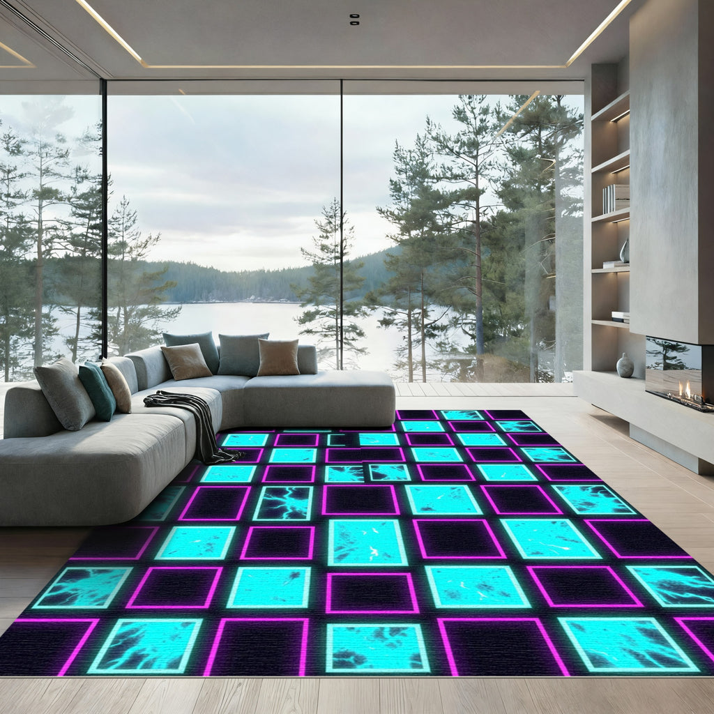 Neon Electric Blue Cyber Grid Rug