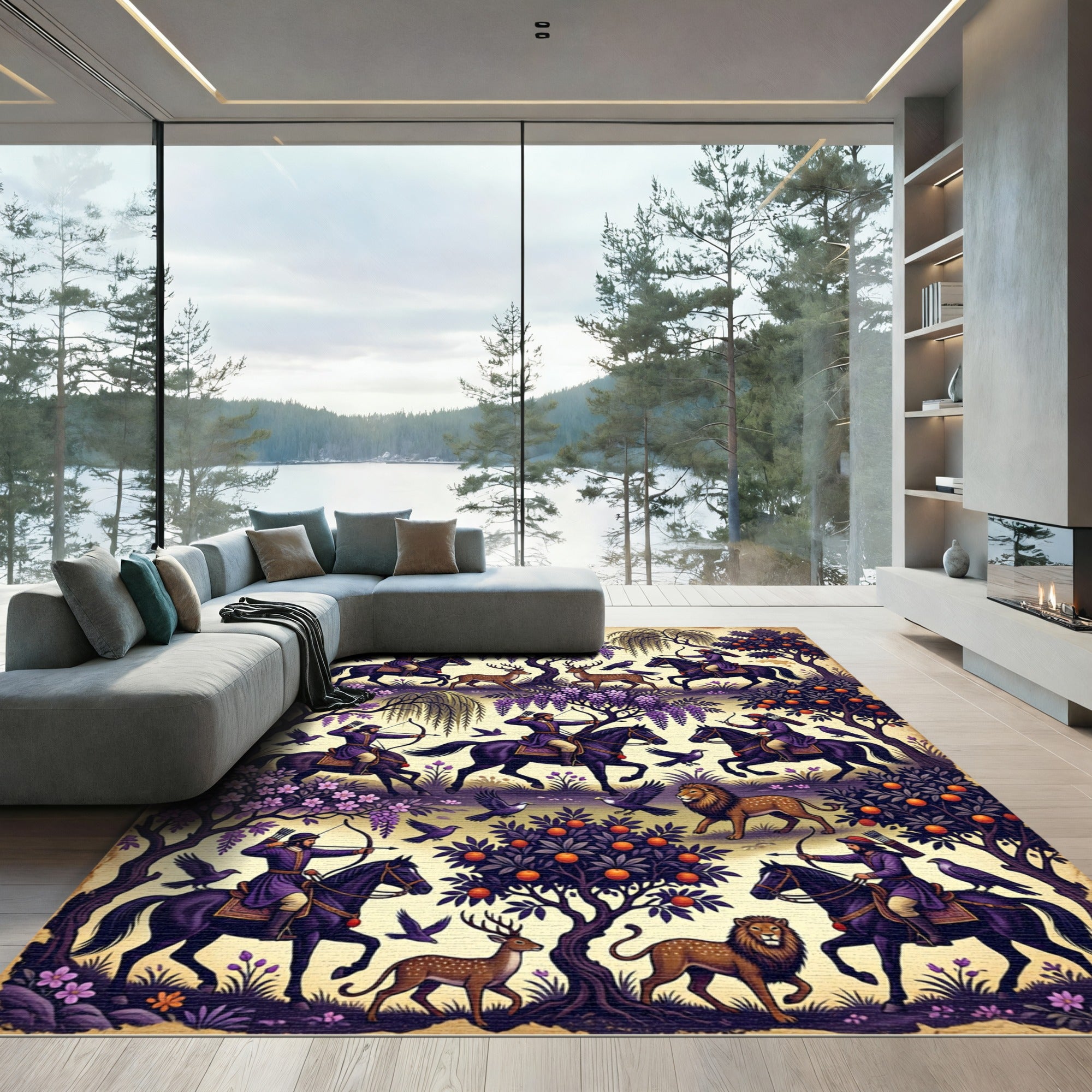 Purple Equestrian Archer Forest Scene Rug