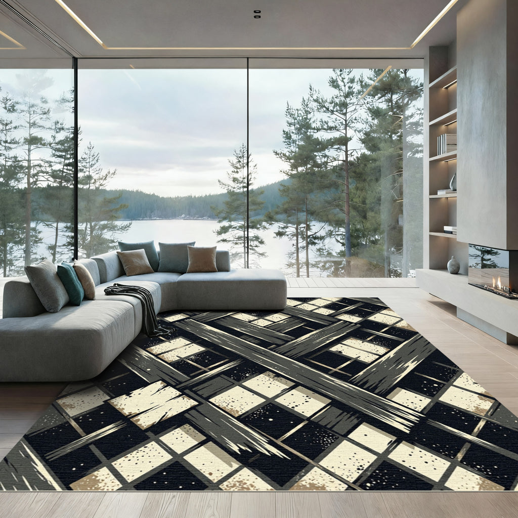 Abstract Monochrome Woven Geometric Charcoal Rug