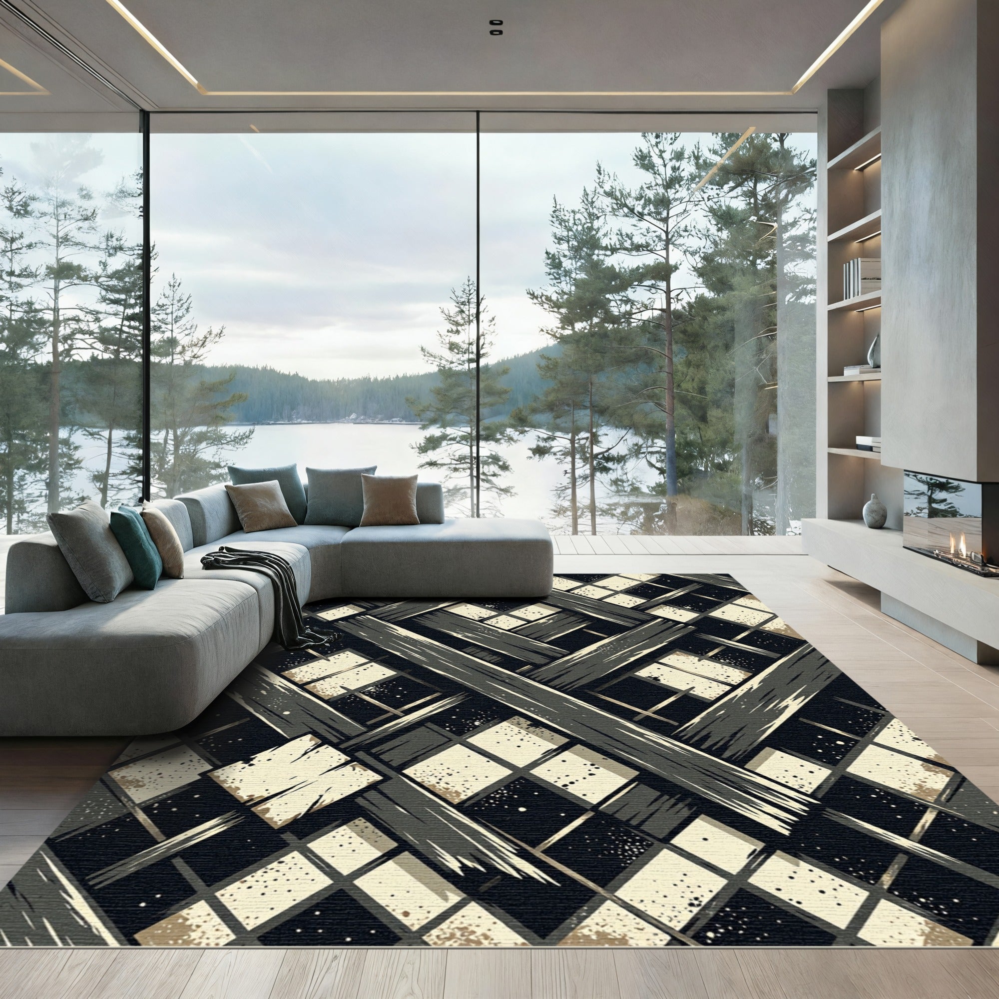 Abstract Monochrome Woven Geometric Charcoal Rug