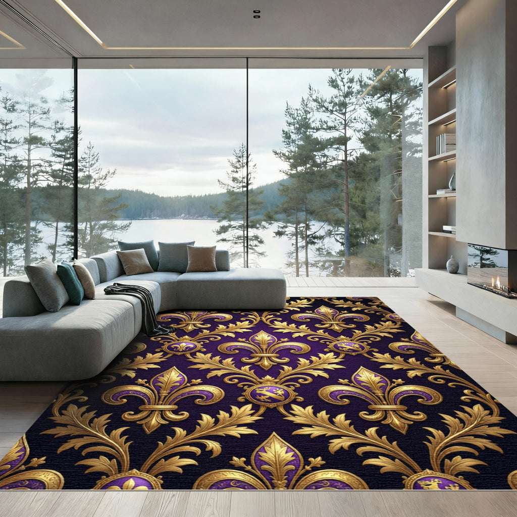 Royal Purple Gold Fleur-de-Lis Tapestry Rug