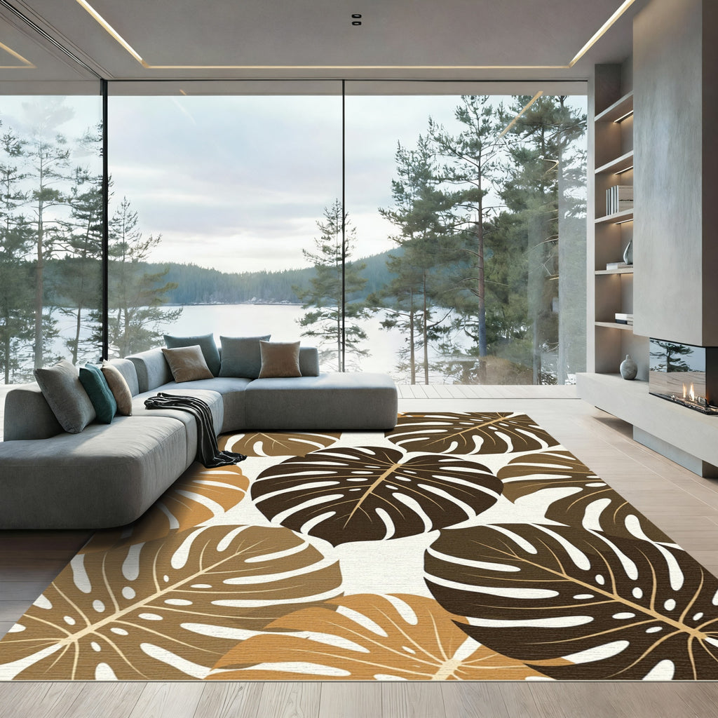 Earthy Brown Botanical Monstera Leaf Rug