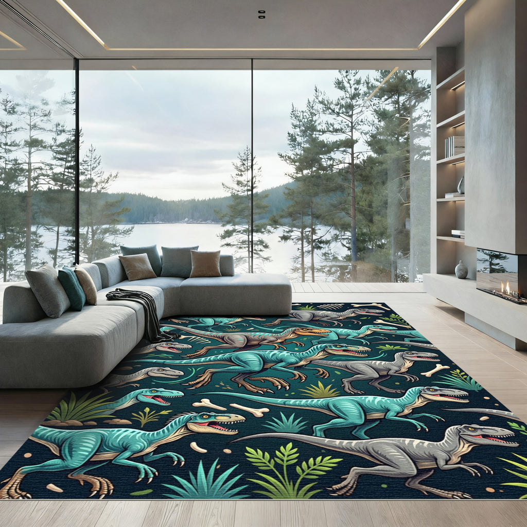 Teal Jurassic Dinosaur Jungle Landscape Rug