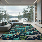 Teal Jurassic Dinosaur Jungle Landscape Rug