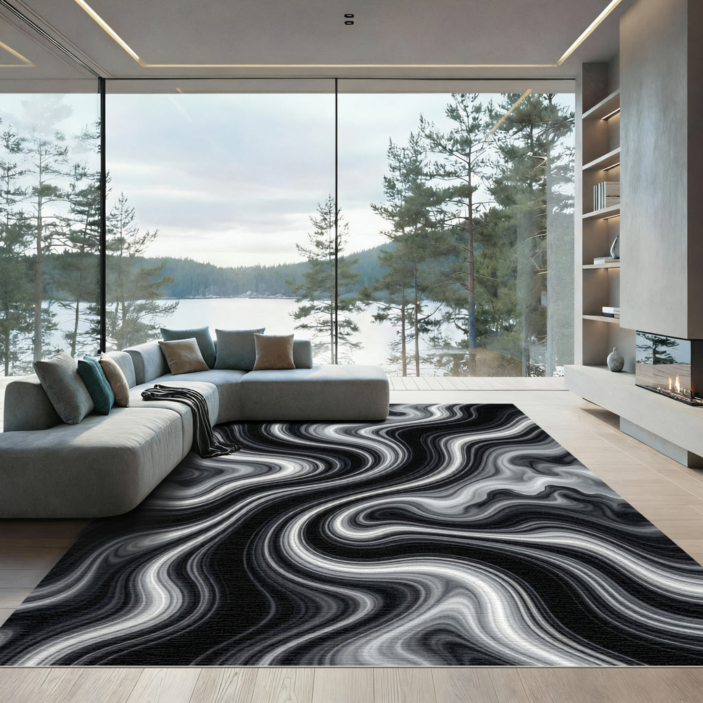 Monochrome Swirl Marble Abstract Rug