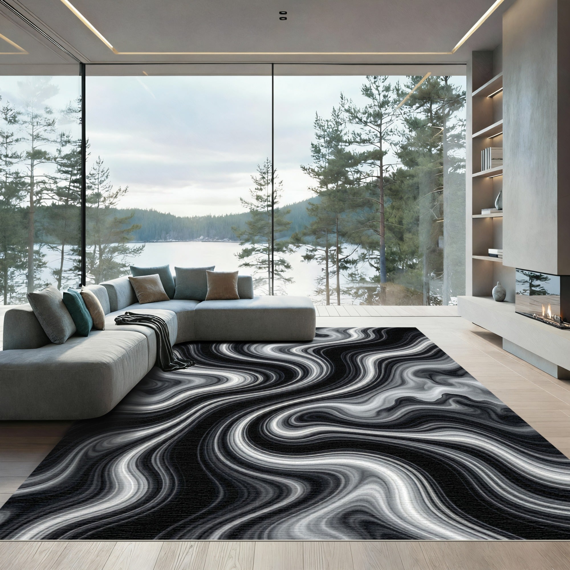 Monochrome Swirl Marble Abstract Rug