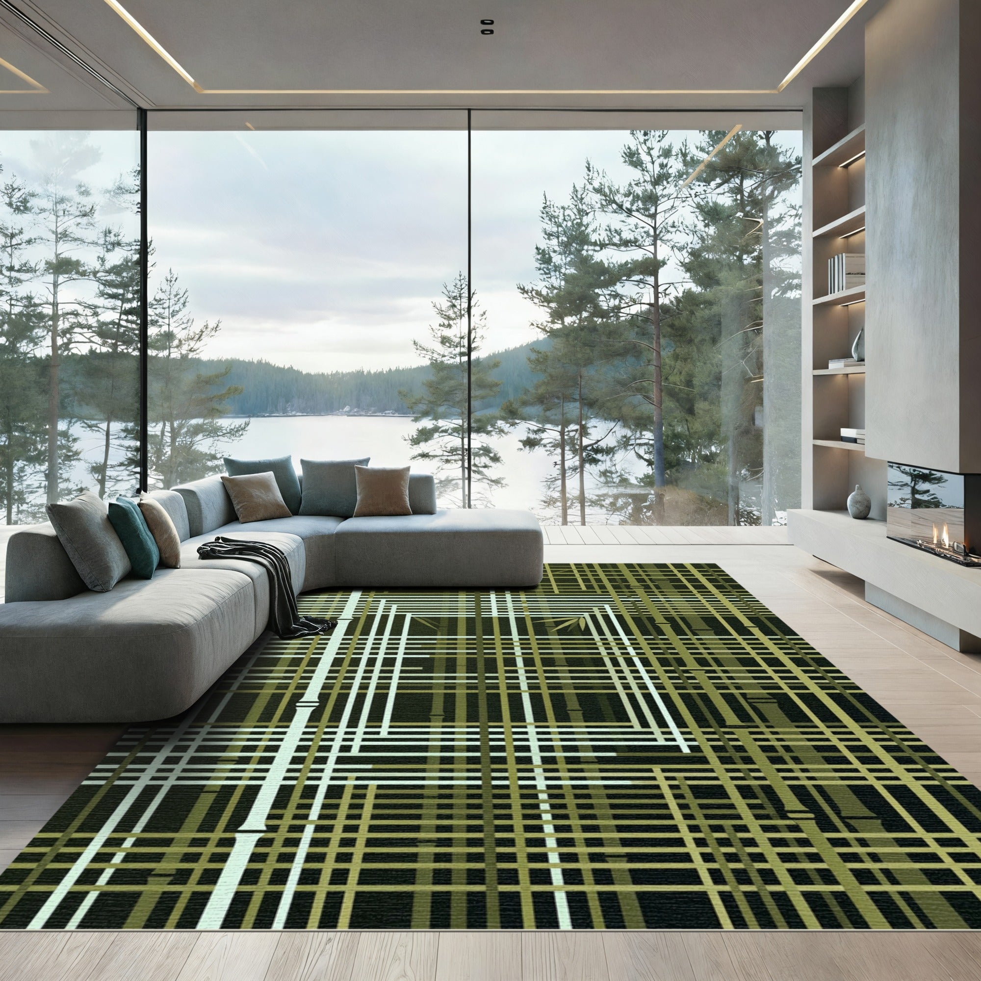 Green Bamboo Lattice Abstract Rug