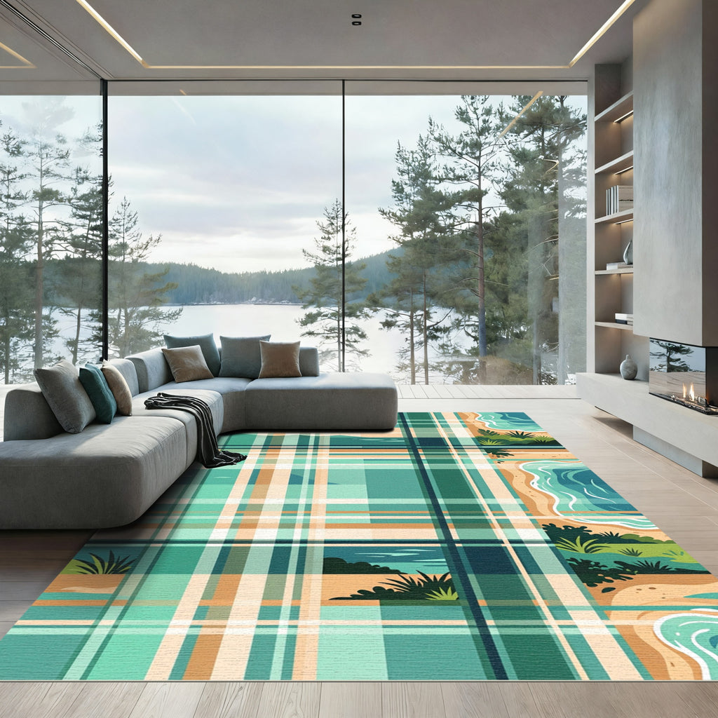 Coastal Plaid Teal Sea Shore Landscape Rug