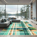 Coastal Plaid Teal Sea Shore Landscape Rug