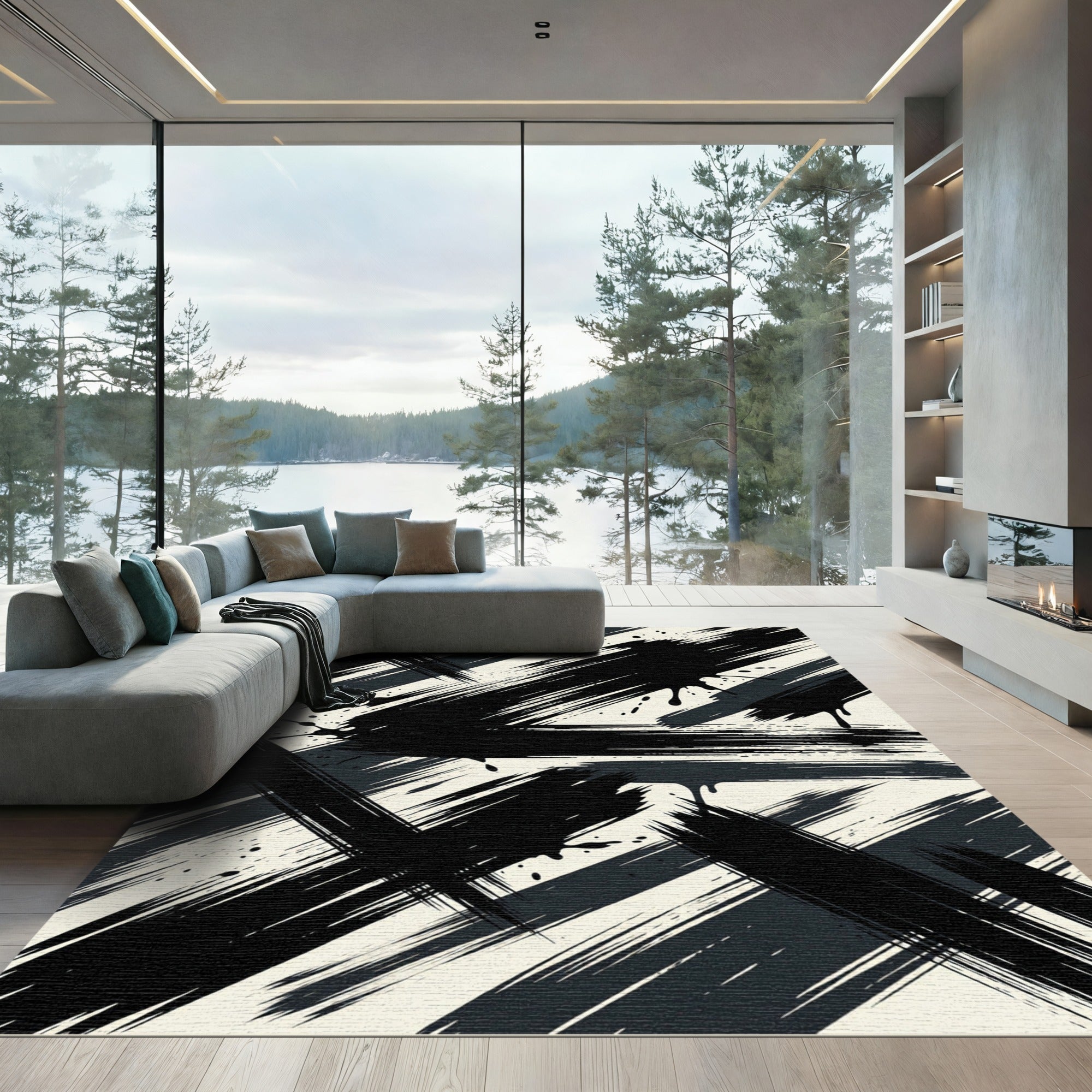 Contemporary Monochrome Artistic Black Brushstroke Rug