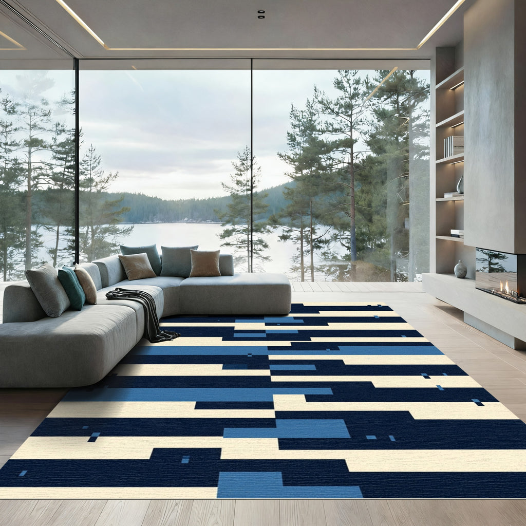 Modern Navy Blue Geometric Blocked Stripe Rug