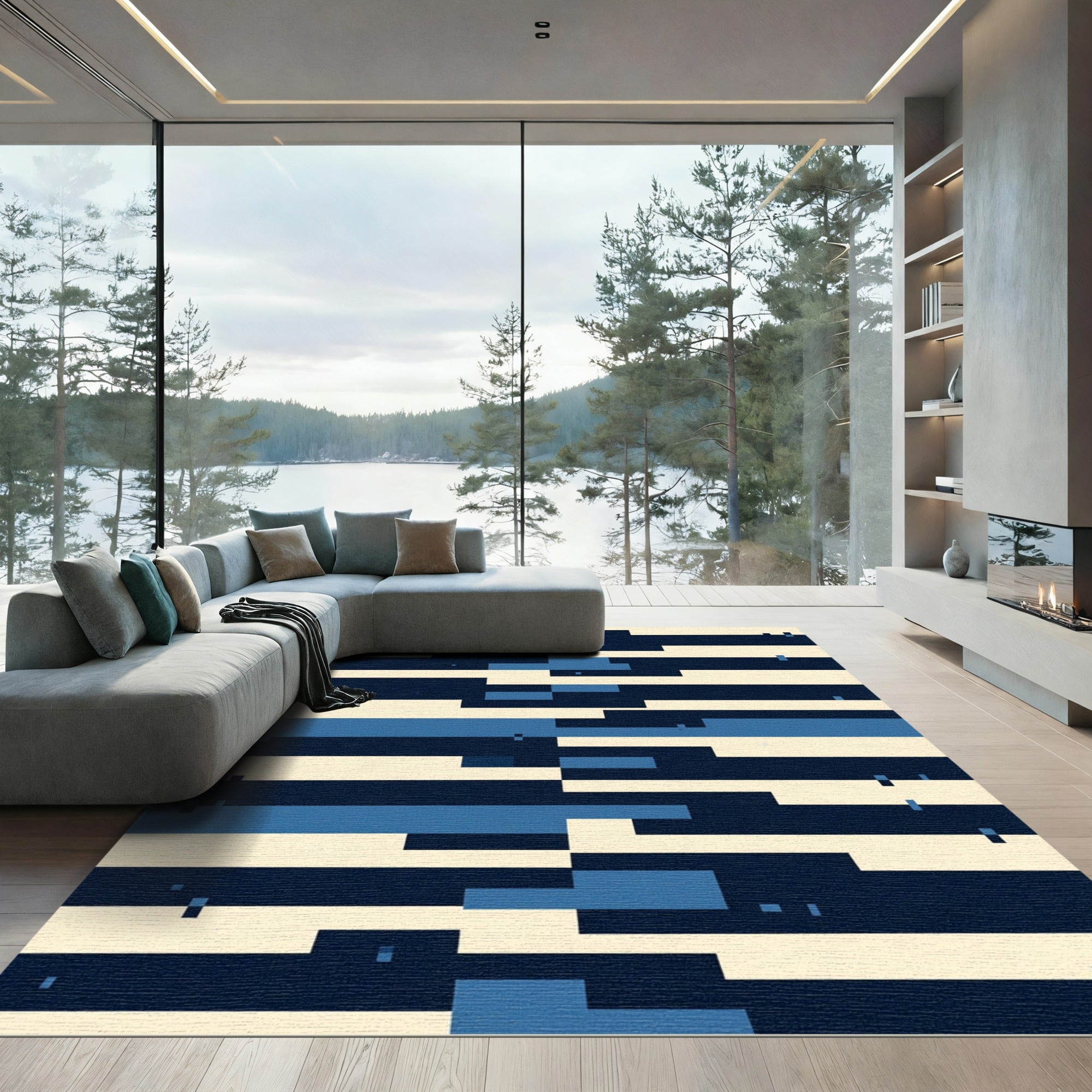 Modern Navy Blue Geometric Blocked Stripe Rug