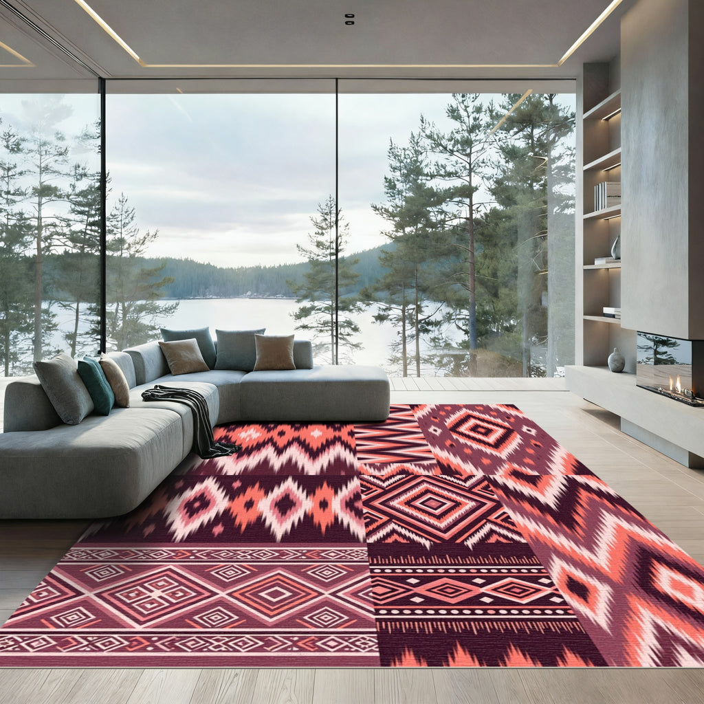Coral Peach Crimson Chevron Diamonds Rug