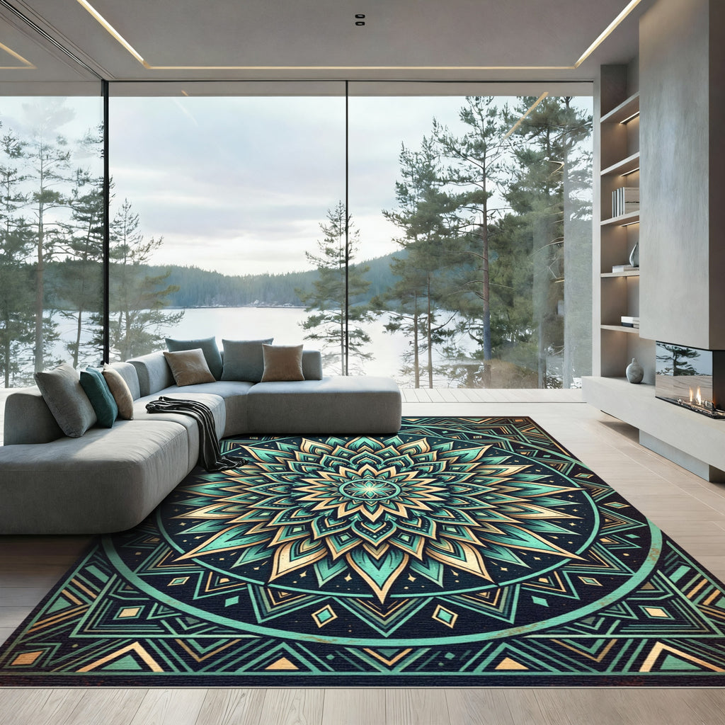 Teal Golden Mandala Geometric Art Rug