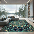Teal Golden Mandala Geometric Art Rug