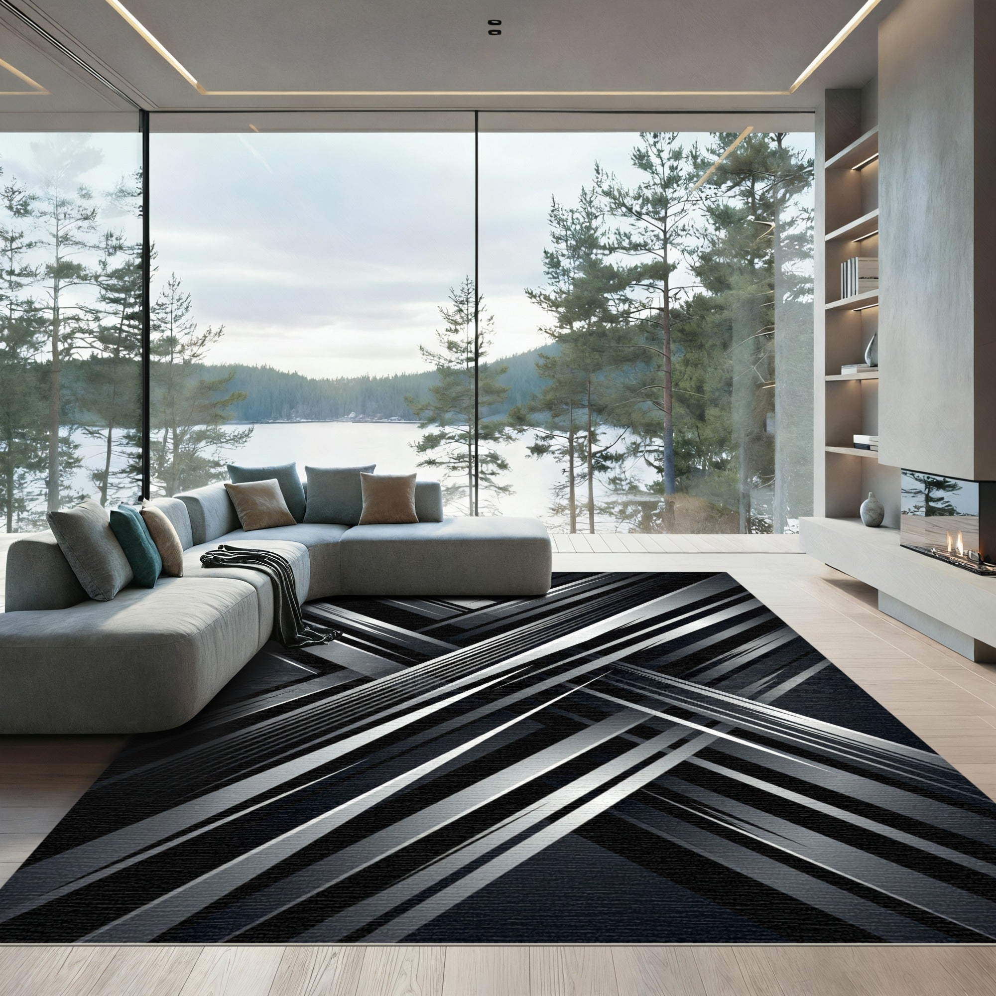 Modern Monochrome Geometric Intersecting Lines Rug
