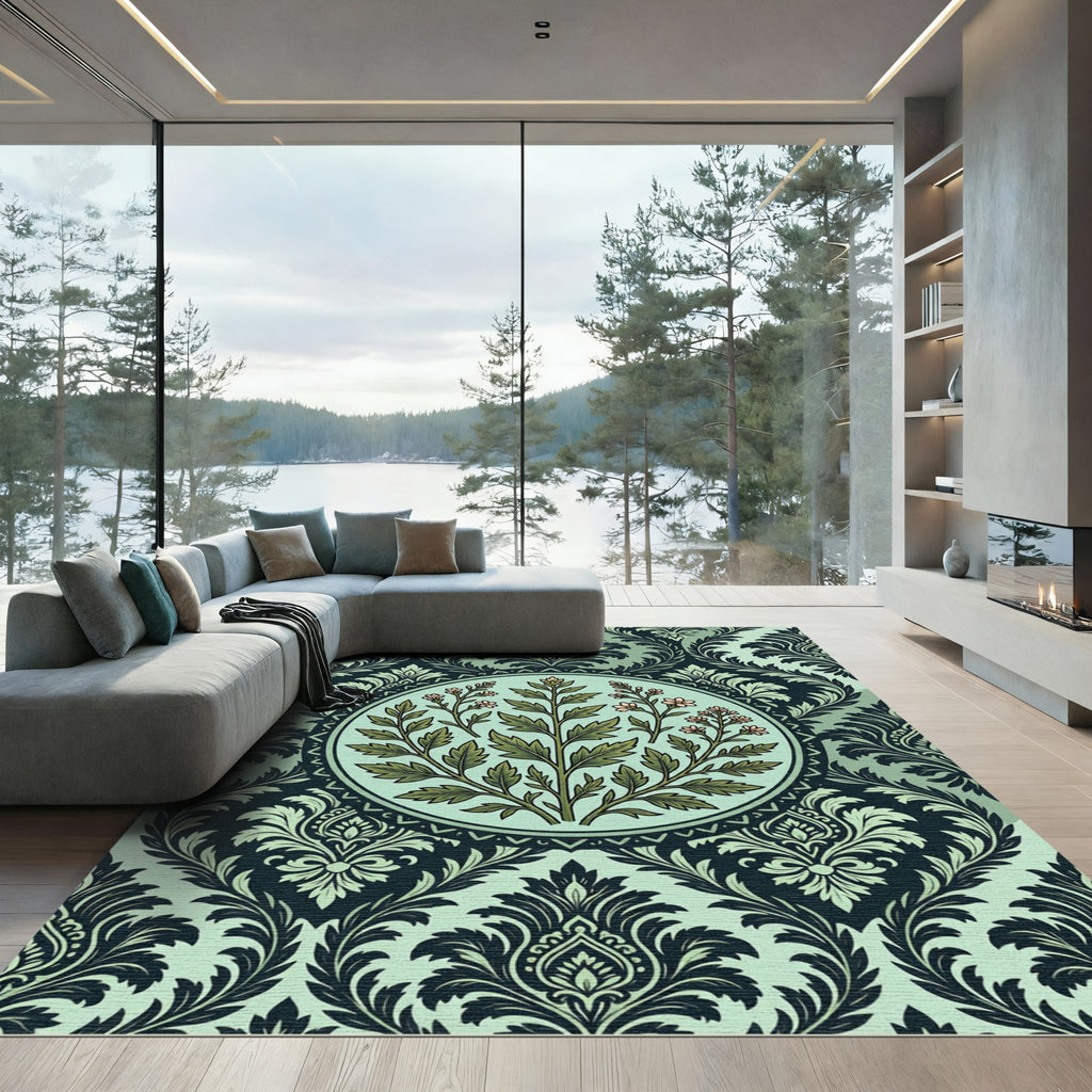 Sage Botanical Damask Mint Medallion Rug