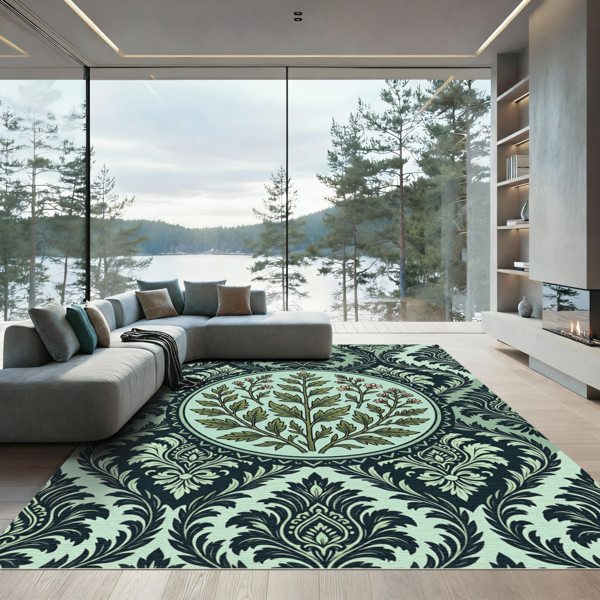 Sage Botanical Damask Mint Medallion Rug