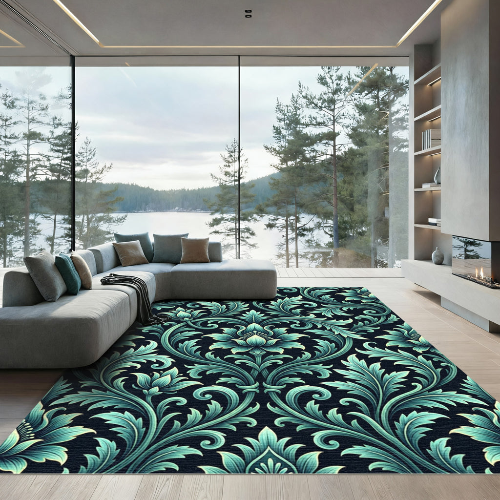 Elegant Teal Floral Damask Swirl Rug