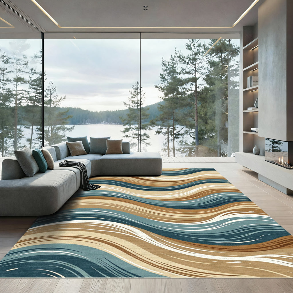 Earthy Blue Cream Wave Flow Rug