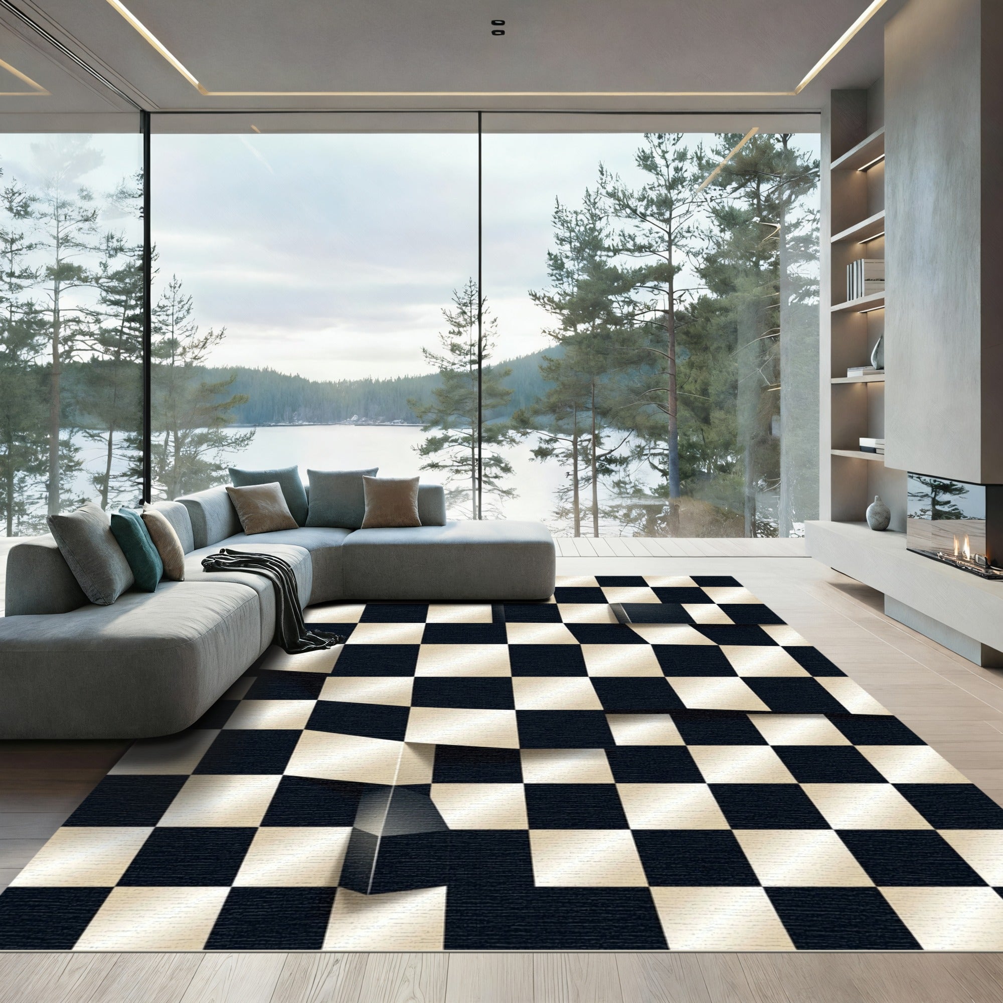 Black Gold 3D Chessboard Checkered Rug