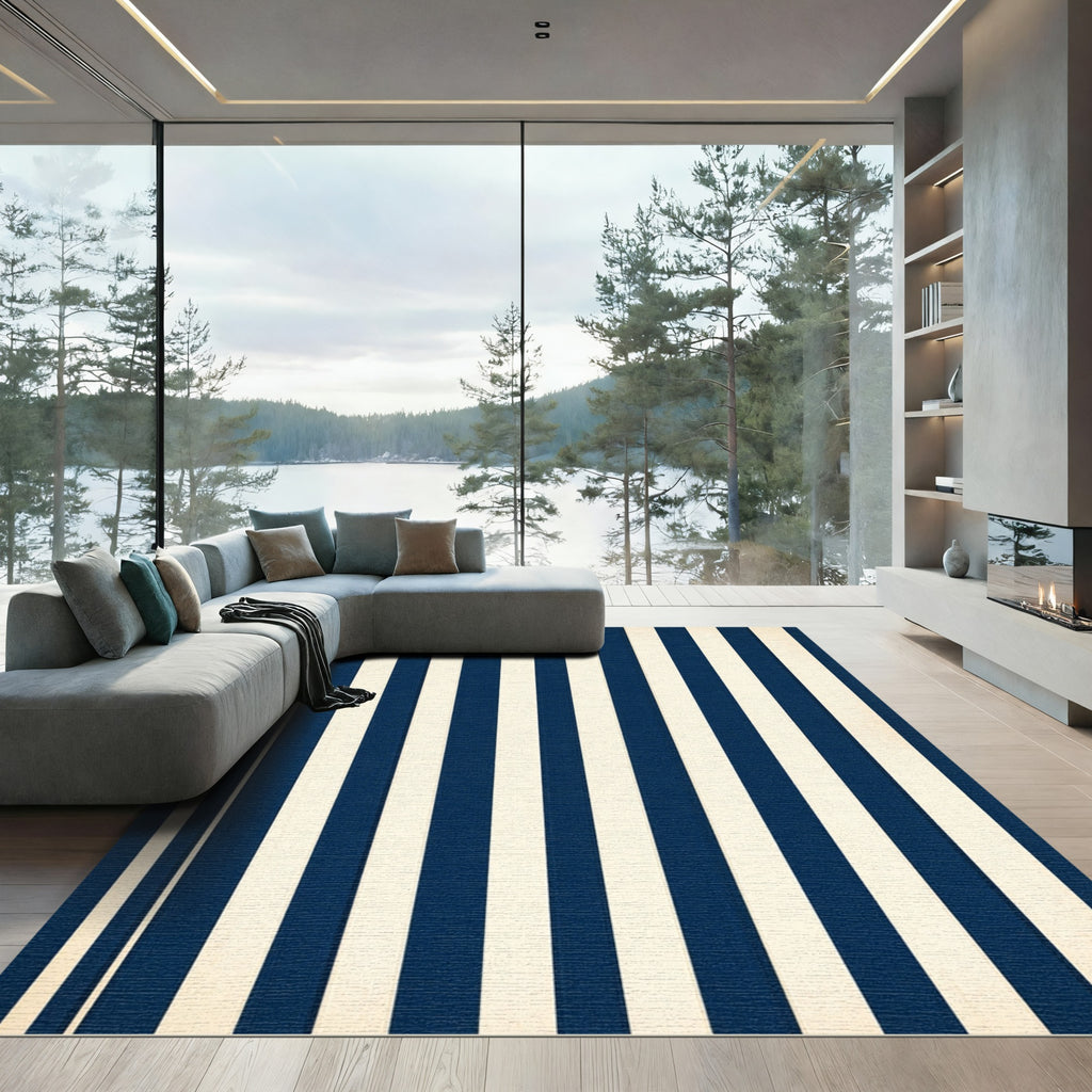 Navy and Cream Vertical Striped Rug
