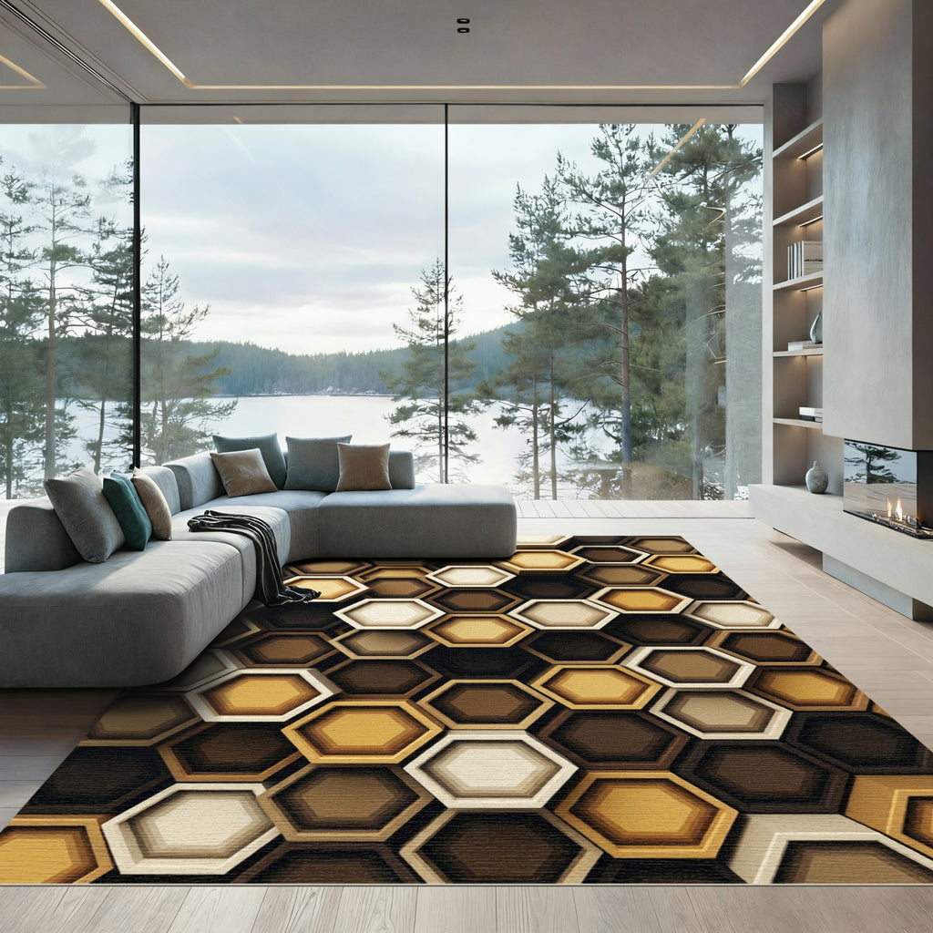 Golden Earth Tone Geometric Hexagon Rug