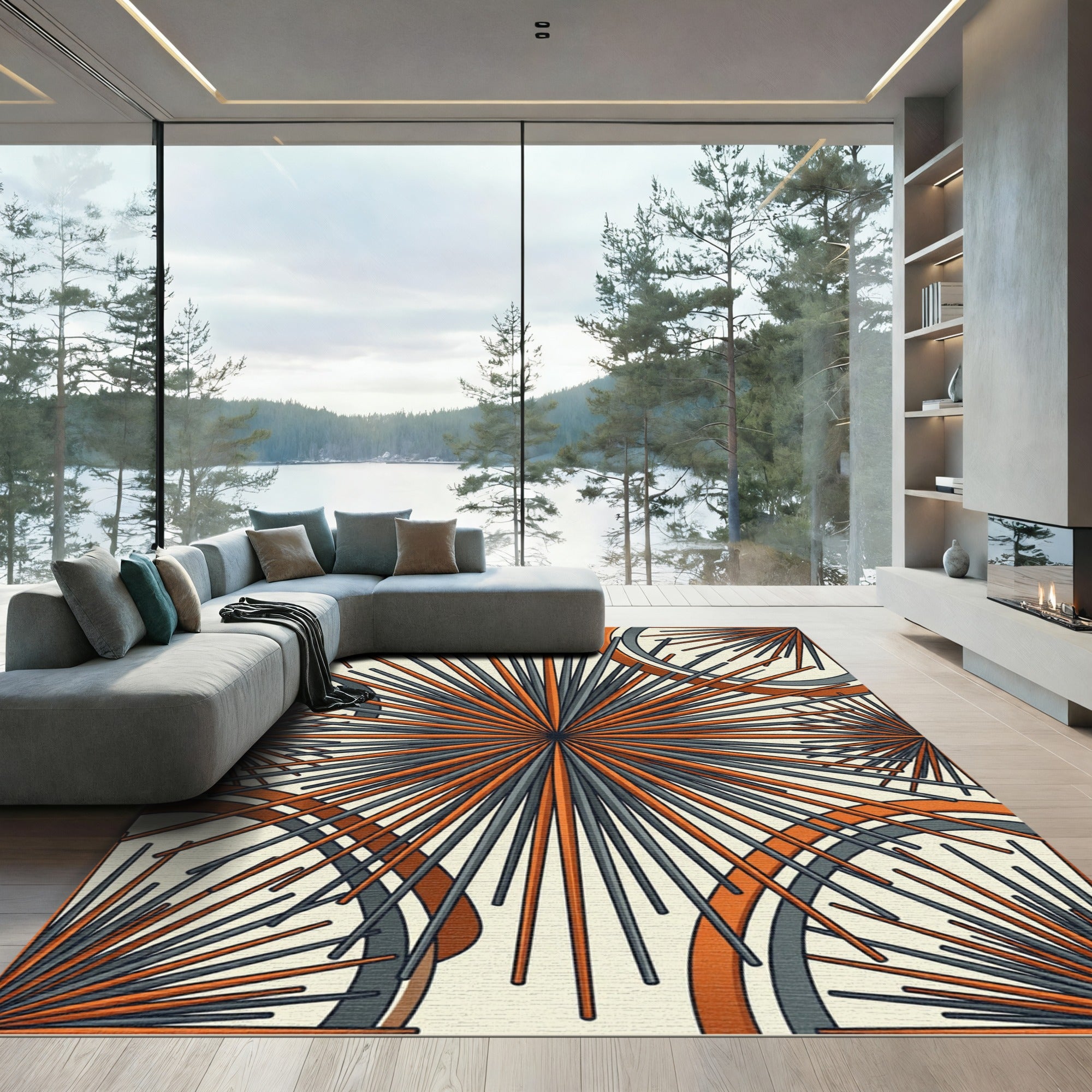 Mid Century Orange Gray Starburst Rug