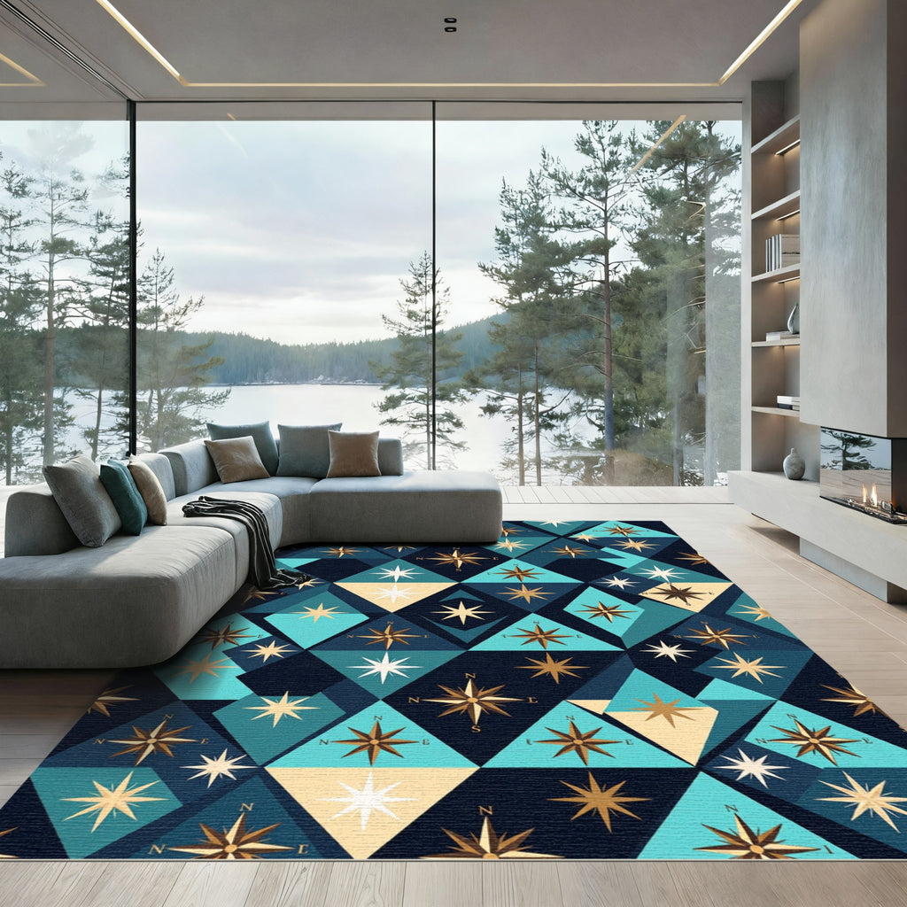 Navigational Geometric Compass Rose Medallion Rug