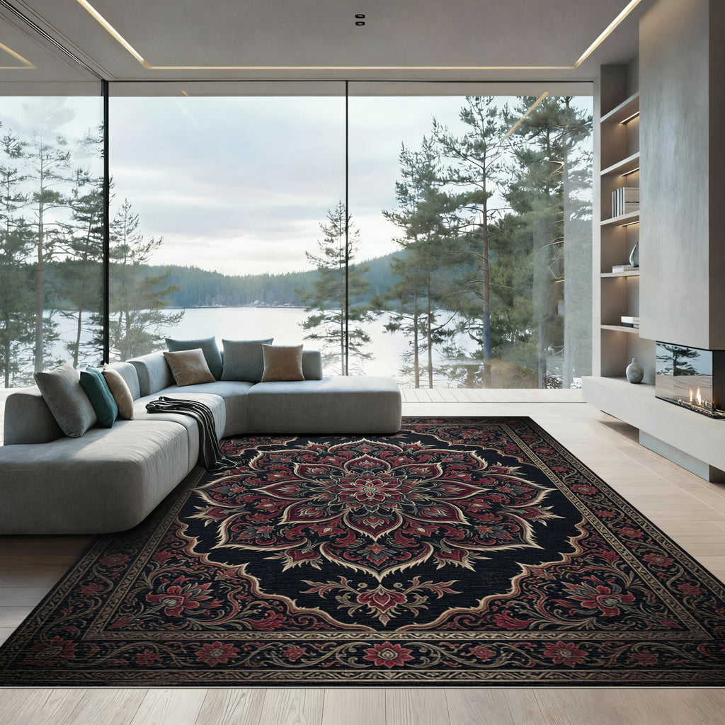 Dark Crimson Ornate Floral Medallion Rug
