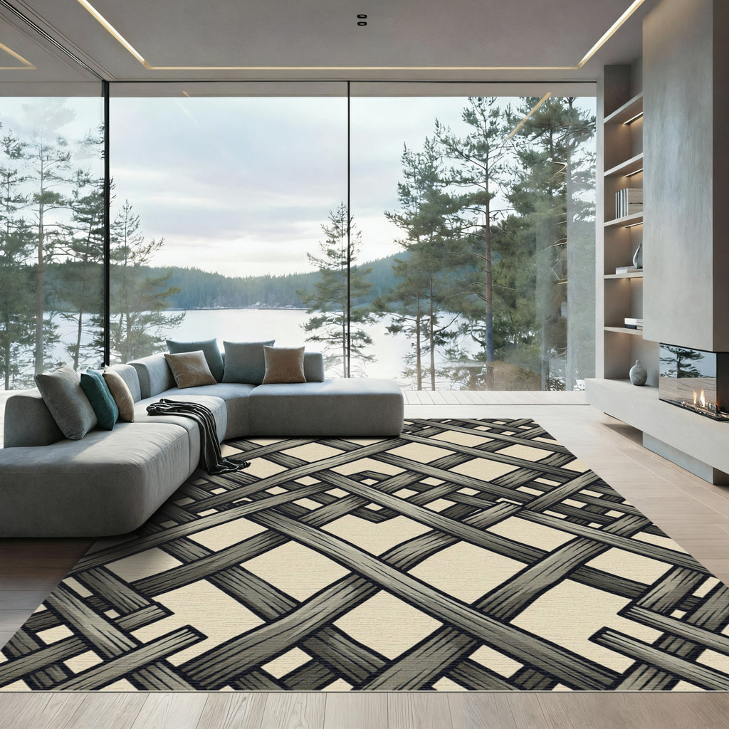 Beige Interwoven Gray Wicker Lattice Rug