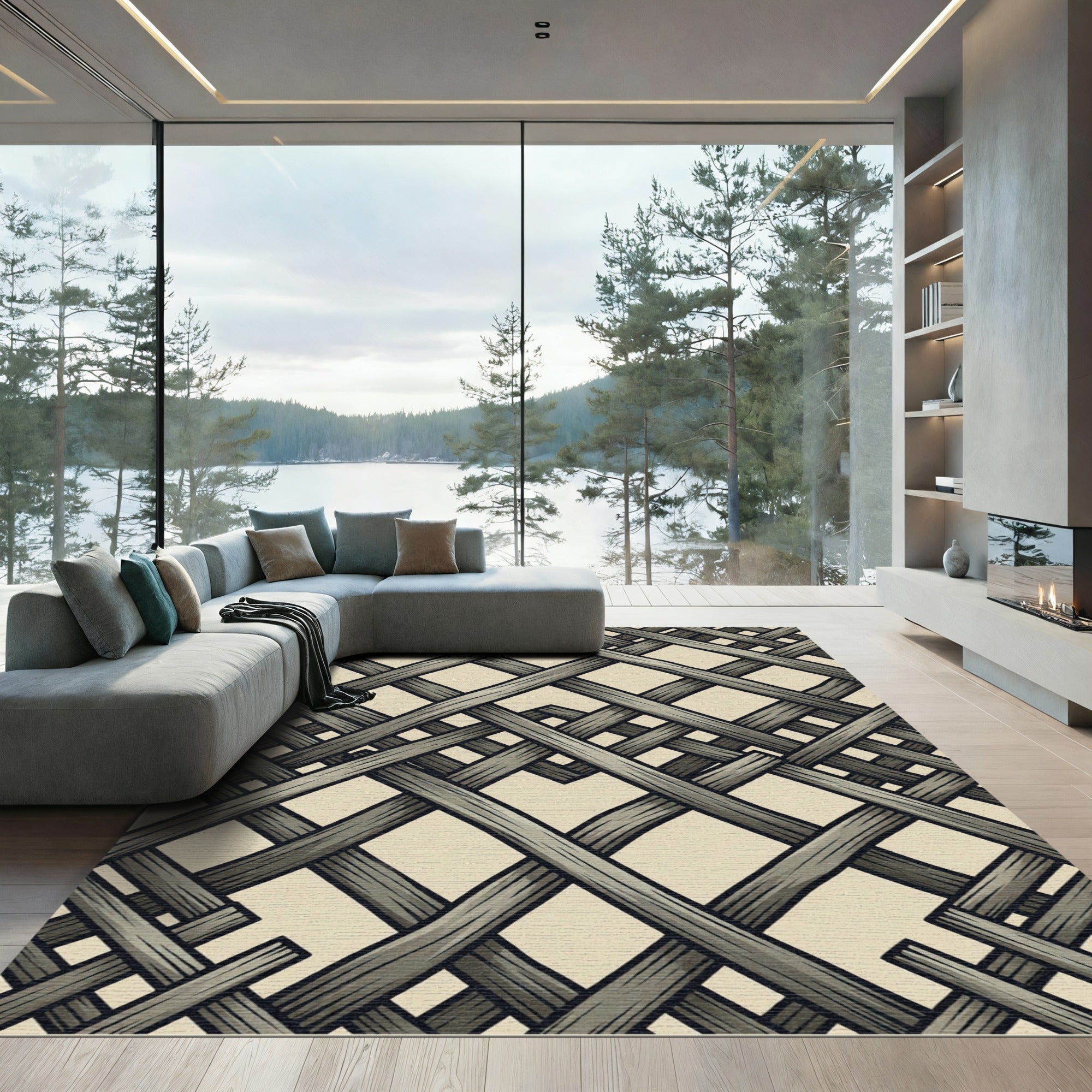 Beige Interwoven Gray Wicker Lattice Rug