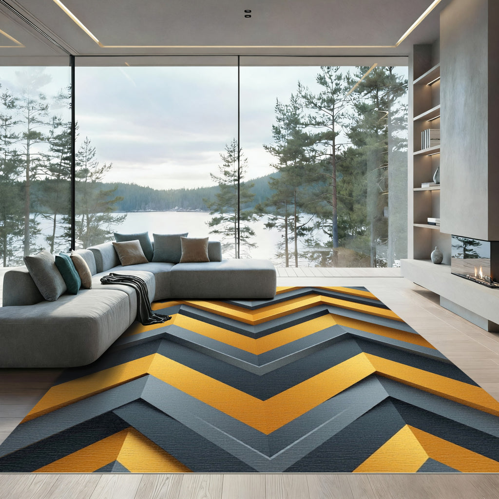 Modern Golden Gray Geometric Chevron Rug