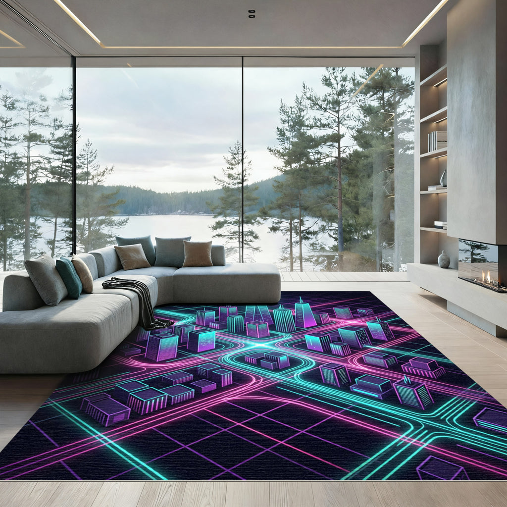 Neon Cyberpunk City Grid Skyline Rug