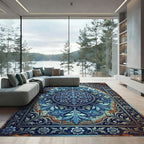 Ornate Azure Floral Circular Medallion Rug