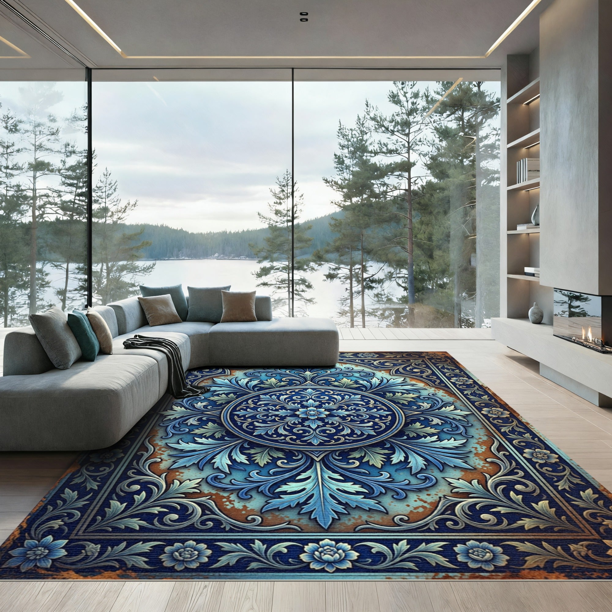 Ornate Azure Floral Circular Medallion Rug