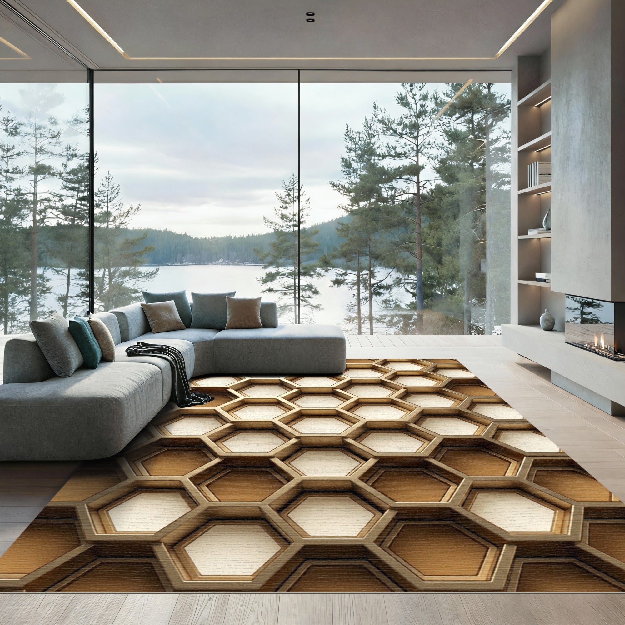 Modern Metallic Gold Geometric Hexagon Rug
