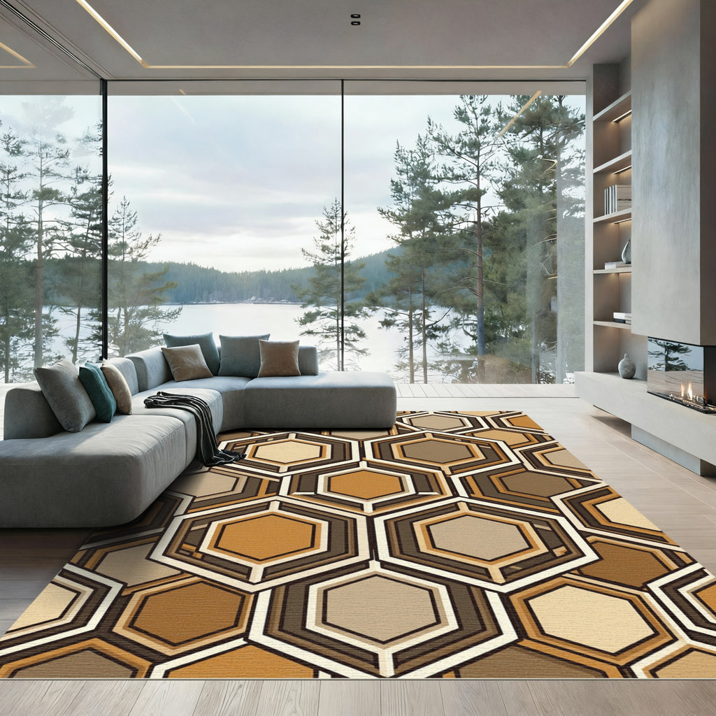 Midcentury Earth Tone Geometric Hexagon Rug