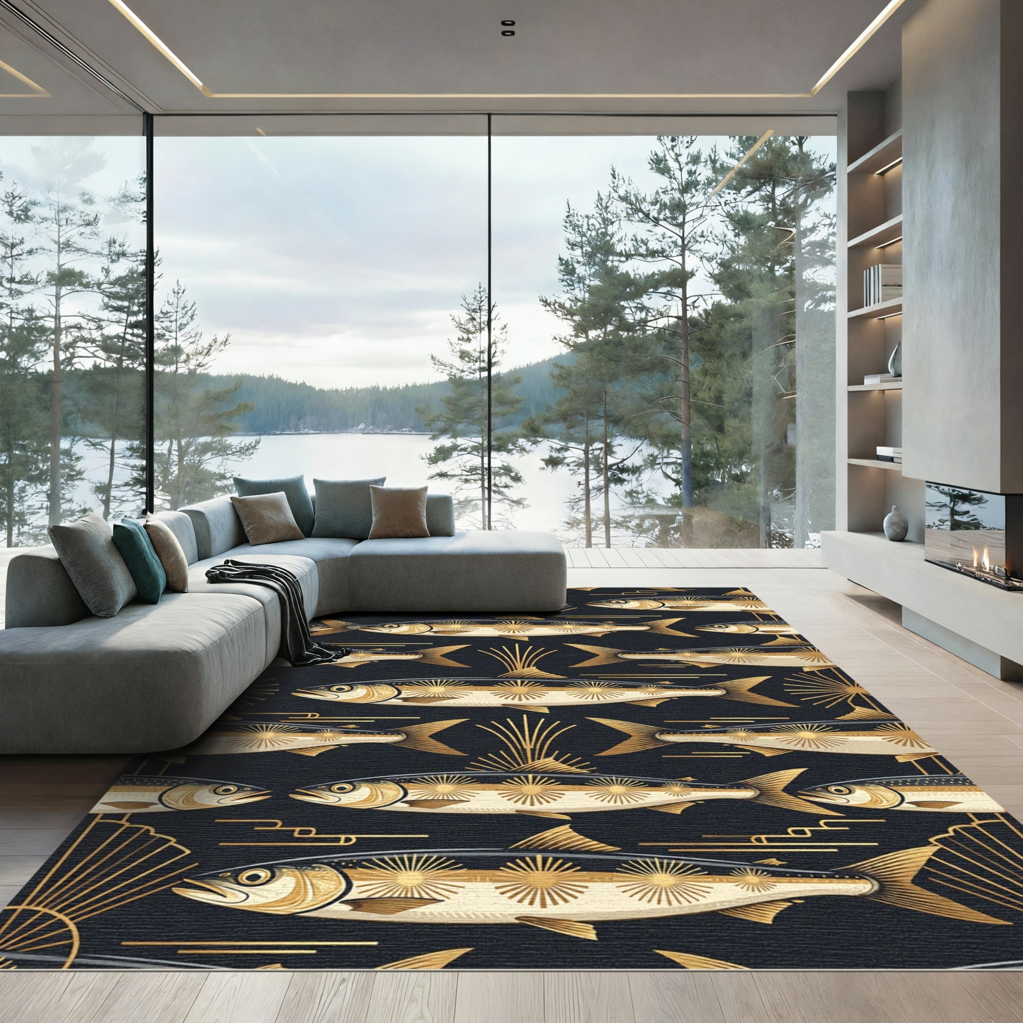 Art Deco Gold Fish Midnight Crest Rug