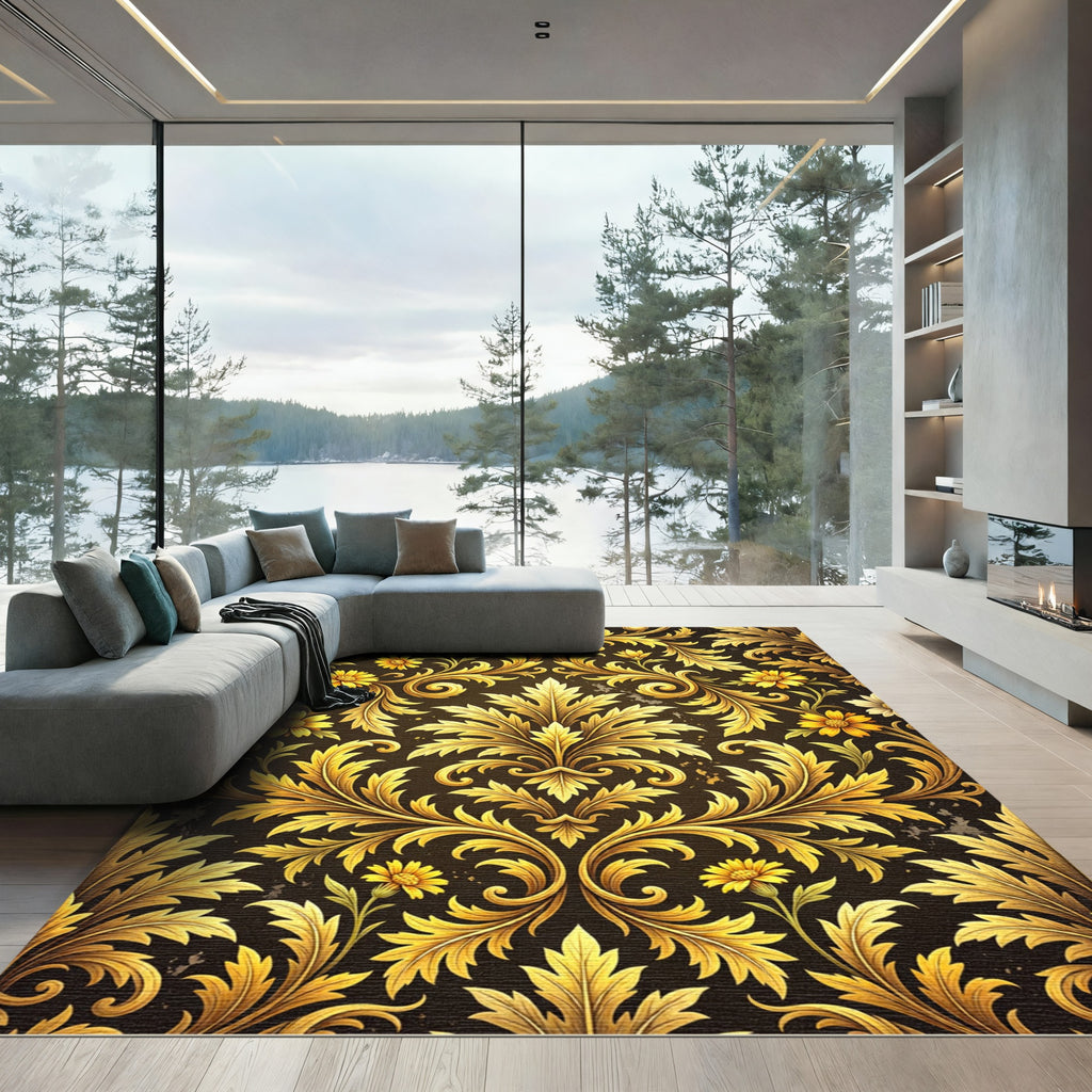 Ornate Golden Floral Damask Scroll Rug