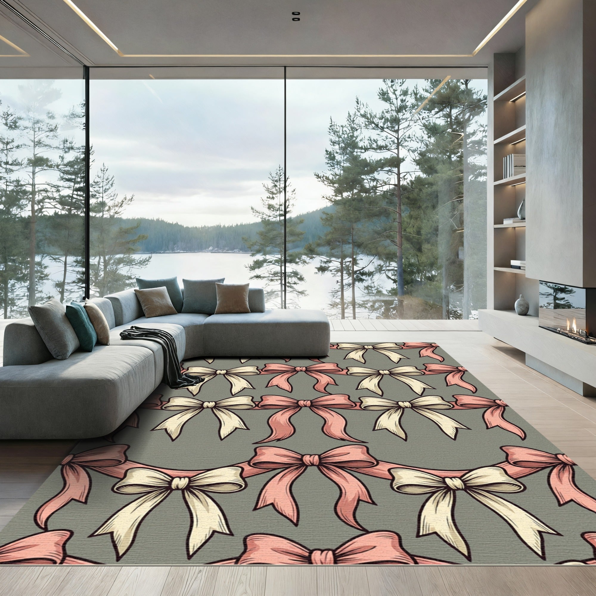 Soft Pink Bow Ribbon Drapery Rug